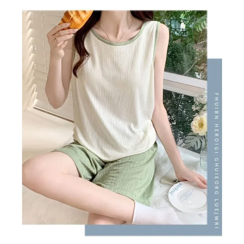 Waistcoat Sleeveless Two-piece Suit Pupil Korean Version Simple Loungewear Can Be Worn Outside Bra Pad Pajamas Female Summertime