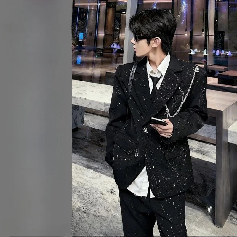 

Black Star Men's Three-Piece Suit Stage Performance Chain Design Sexy Long Sleeve Autumn Fashionable Casual Wear