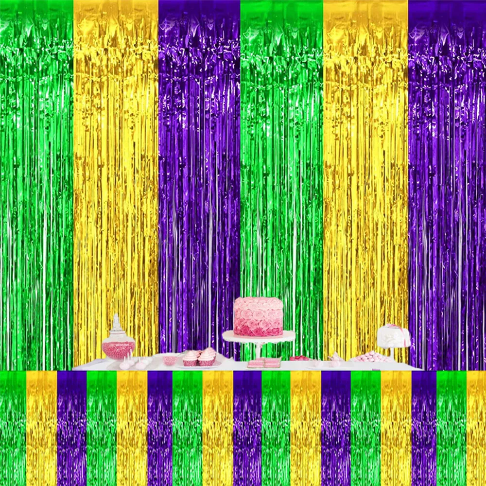 Hot Mardi Gras Metallic Foil Fringe Tinsel Curtain for Wedding Birthday Parade Floats St Patrick Day Party Decoration