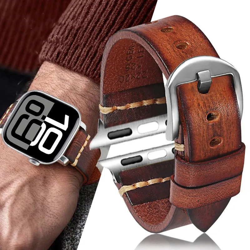 

Vintage cowhide strap for Apple Watch 46mm 44mm 49mm 45mm 42mm 40mm 38/41mm strap iWatch Series 10-Ultra 9-8-7-6-5-4-3-SE