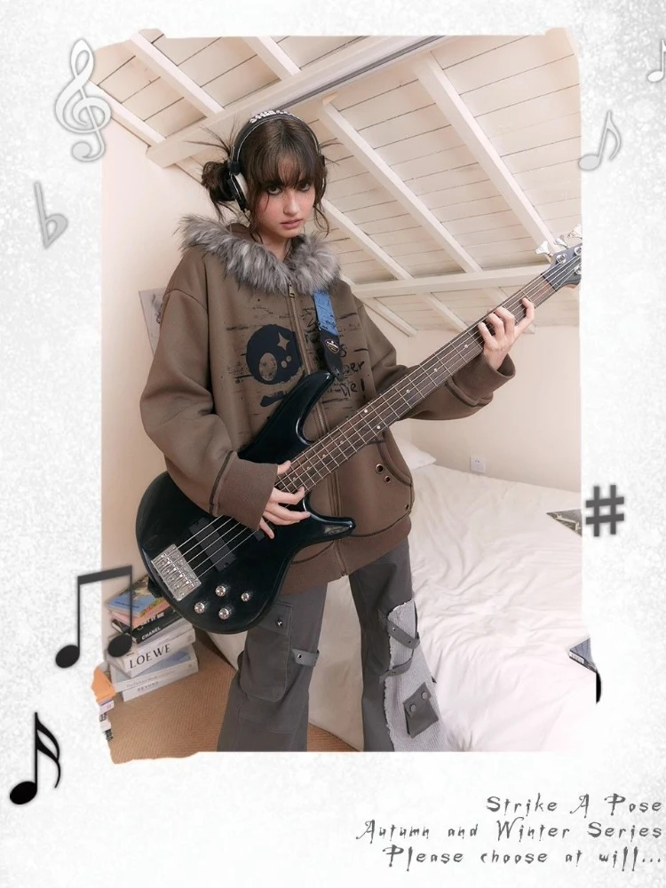 خمر الأمريكية Y2K هوديي المرأة الخريف الشتاء الفراء طوق معطف مقنع زمم طباعة الدافئة الشارع الشهير ثقافة فرعية تصميم سترة جديدة