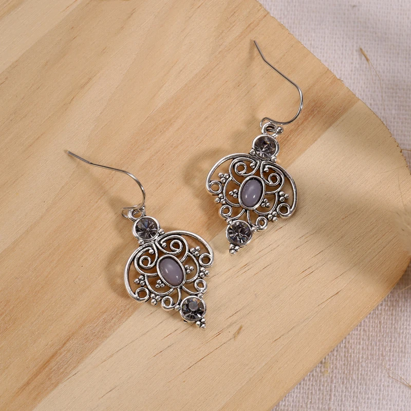 Silver Plated Dangle Earrings with Retro Hollow Flower Design and Waterish Gemstone Inlay - Perfect for Daily Wear and Party Dec