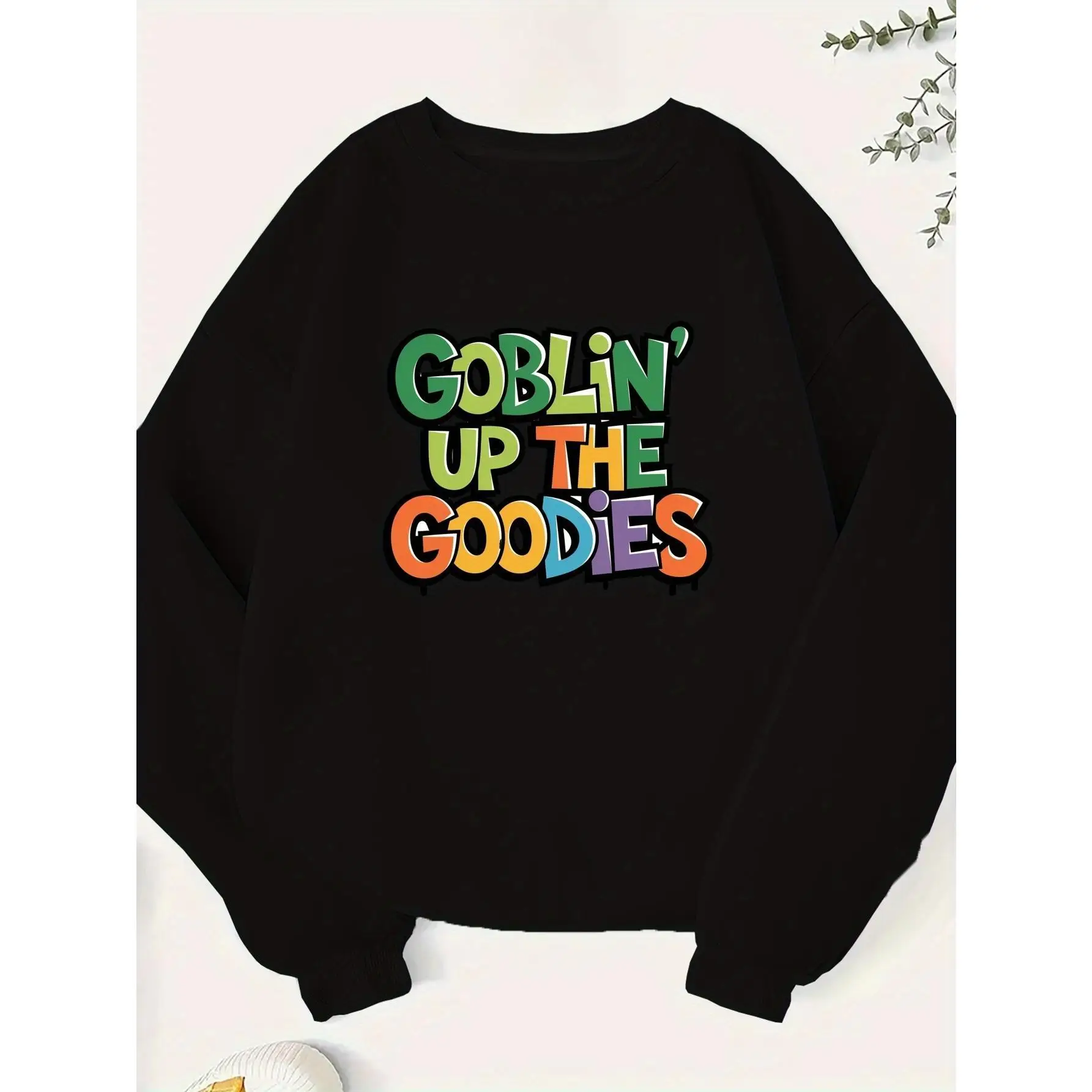 

Funny Halloween Sweatshirt, Goblin' Up The Goodies Graphic Crewneck, Women's Spooky Cartoon Oversized Top