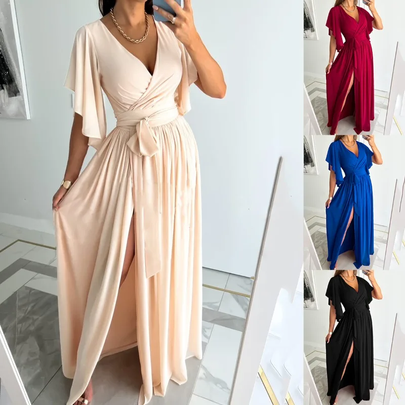 Women Spring dress 2025 Fashion Loose Comfortable Commuting Solid Color Flare Sleeves V-Neck Casual Floor Slit Dress