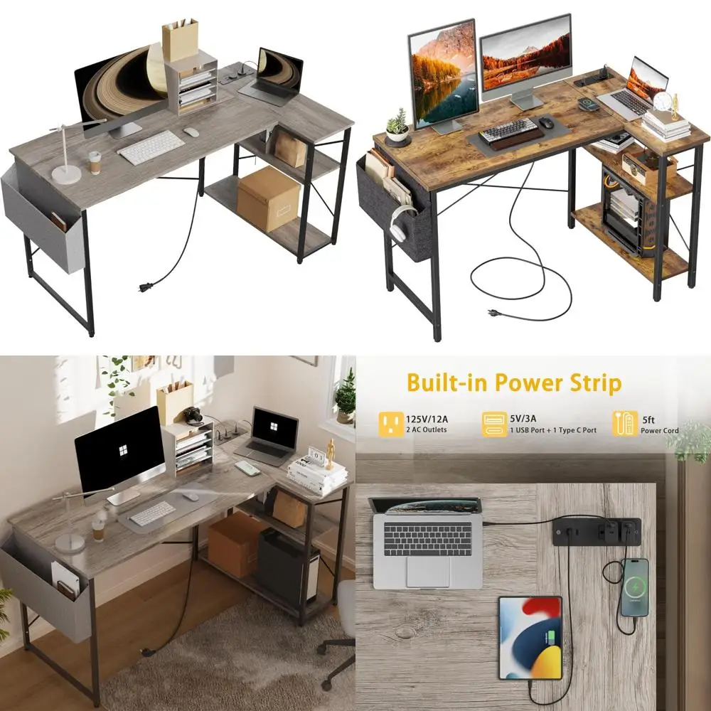 L-Shaped 40 Inch Corner Computer Desk with Power Outlets, Compact Gaming Desk with Reversible Shelves for Small Spaces