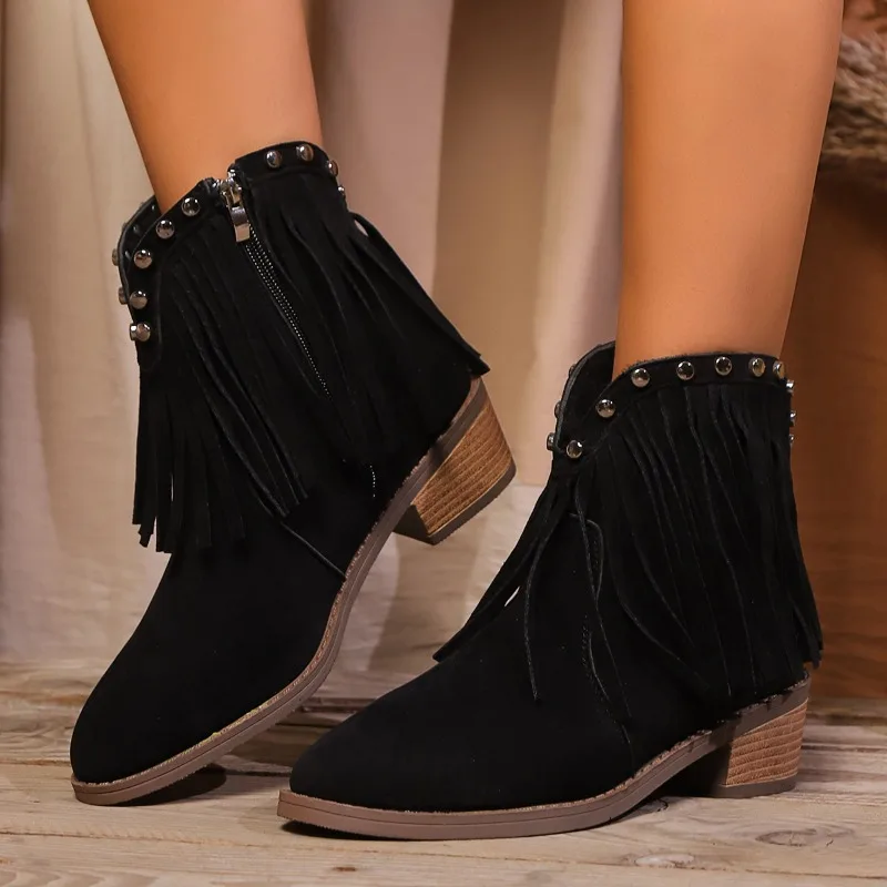 

Women Boots 2024 Vintage Brown Rivets Tassels Cowboy Shoes Women Pointy Toe Cowgirls Western Ankle Boots Block High Botas Mujer