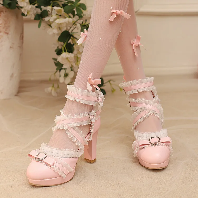 Japanese Cute Ruffle Bow Chunky Heel Platform Lolita Mary Jane Patent Leather Shoes Women High Heels
