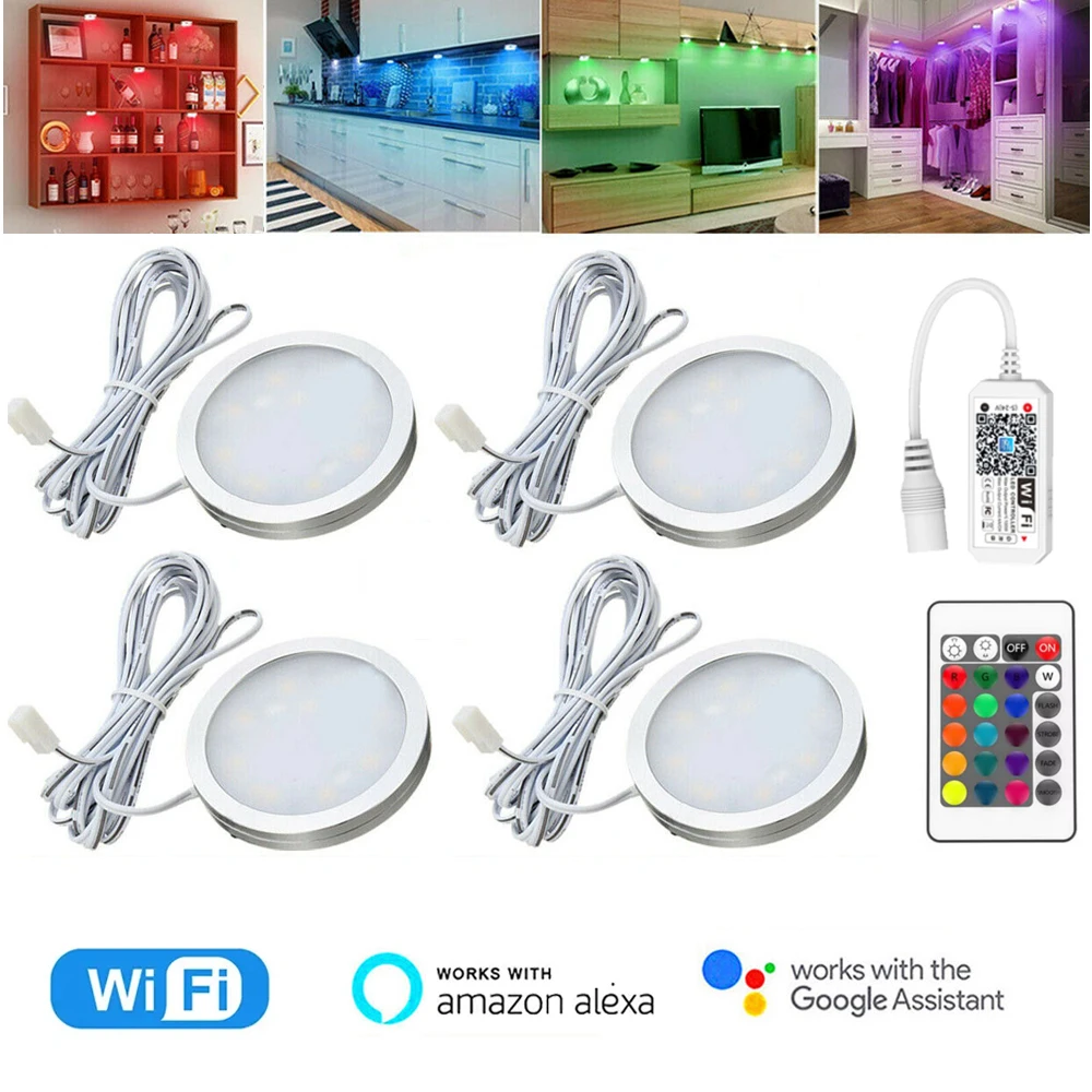 

4 6 Pack WiFi Round RGB LED Under Cabinet Light Dimmable Furniture Wine cabinet Wardrobe Exhibition Cabinet Lamp APP Remote Kit