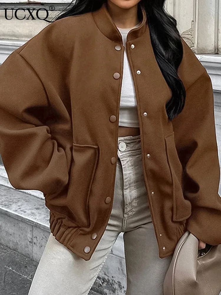 

UCXQ Винтажное шерстяное пальто в европейском стиле с воротником-стойкой, однобортное свободное универсальное пальто, женская куртка 2024, новинка весны и осени 1212