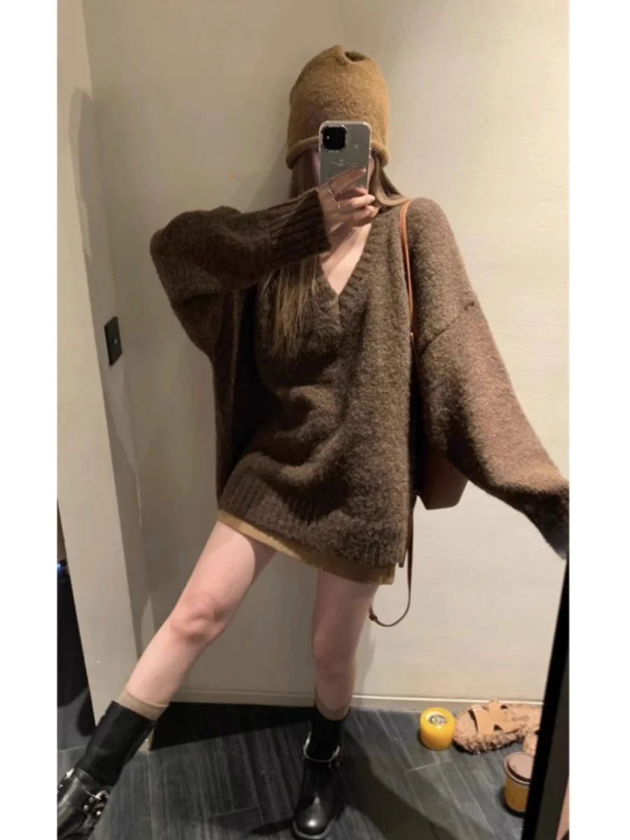 Suéter Retro Estilo Hong Kong con Cuello en V para Mujer, Moda Pure Desire, Otoño Invierno, Nuevo, ueso, Hoado, Tejido de...