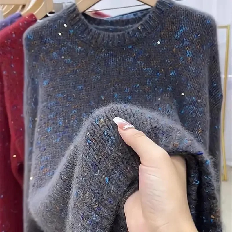 New Korean Fashion Sequin Cashmere Sweater Women Vintage O-Neck Long Sleeve Casual Loose Bottoming Knitted Pullover Top Female