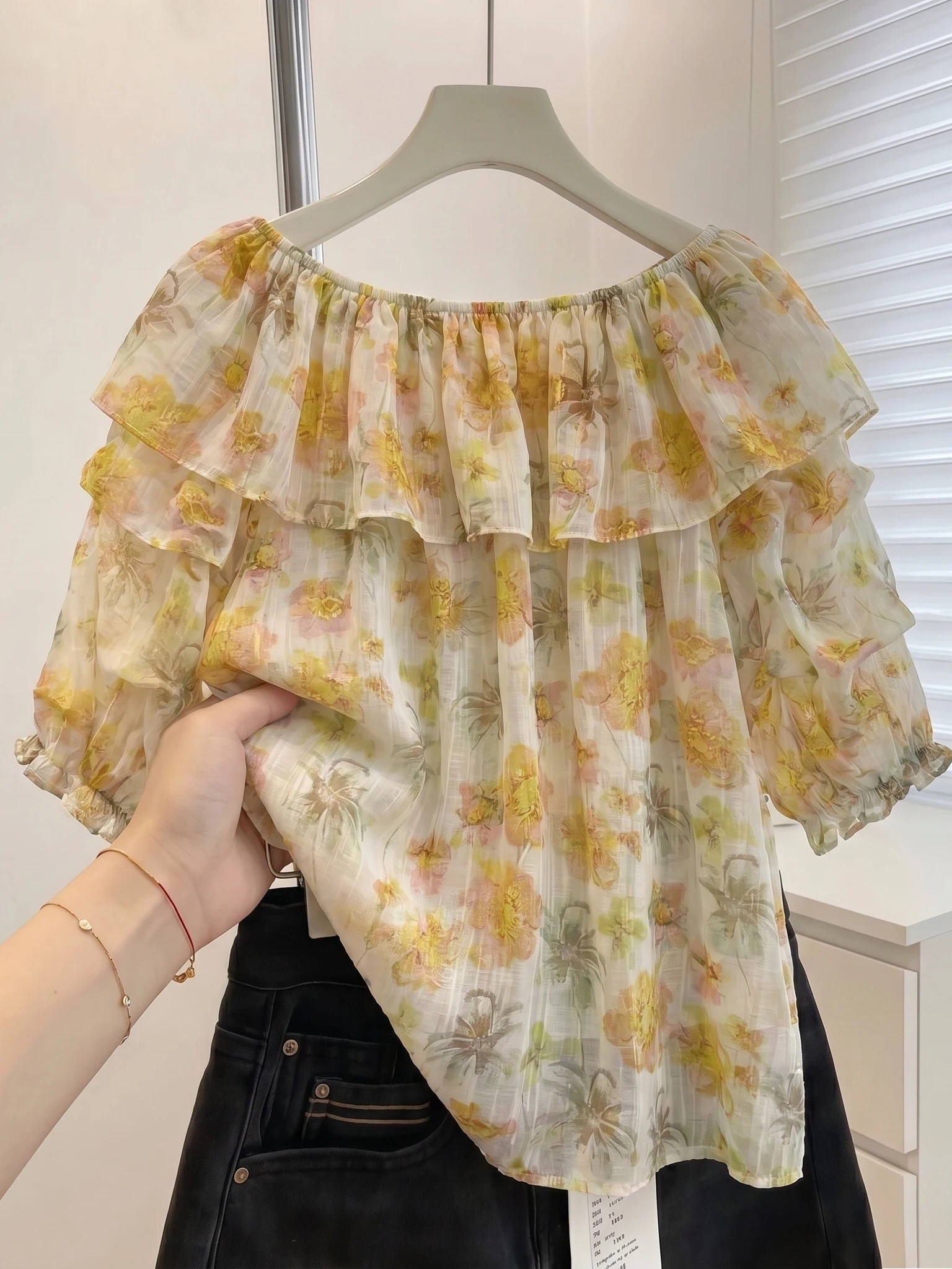 Floral Print Chiffon Shirt Women's Beautiful One-Shoulder Bell Sleeve Top Korean Style Loose Fit Summer New Arrival plus Size