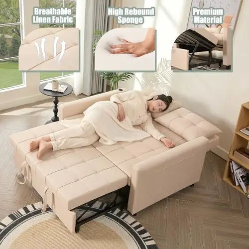 52' 3-in-1 슬리퍼 소파 베드, 린넨 베이지, 조절 가능한 등받이 및 측면 포켓 포함
