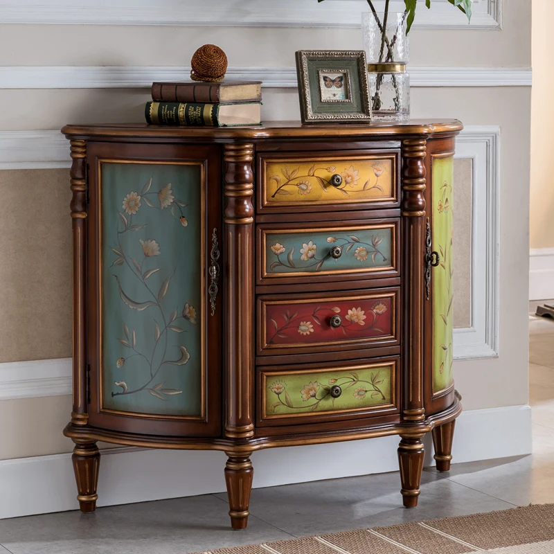 

European-style semi-circular entrance cabinet, chest of drawers, solid wood painted dining side cabinet, curved hand-painted sto