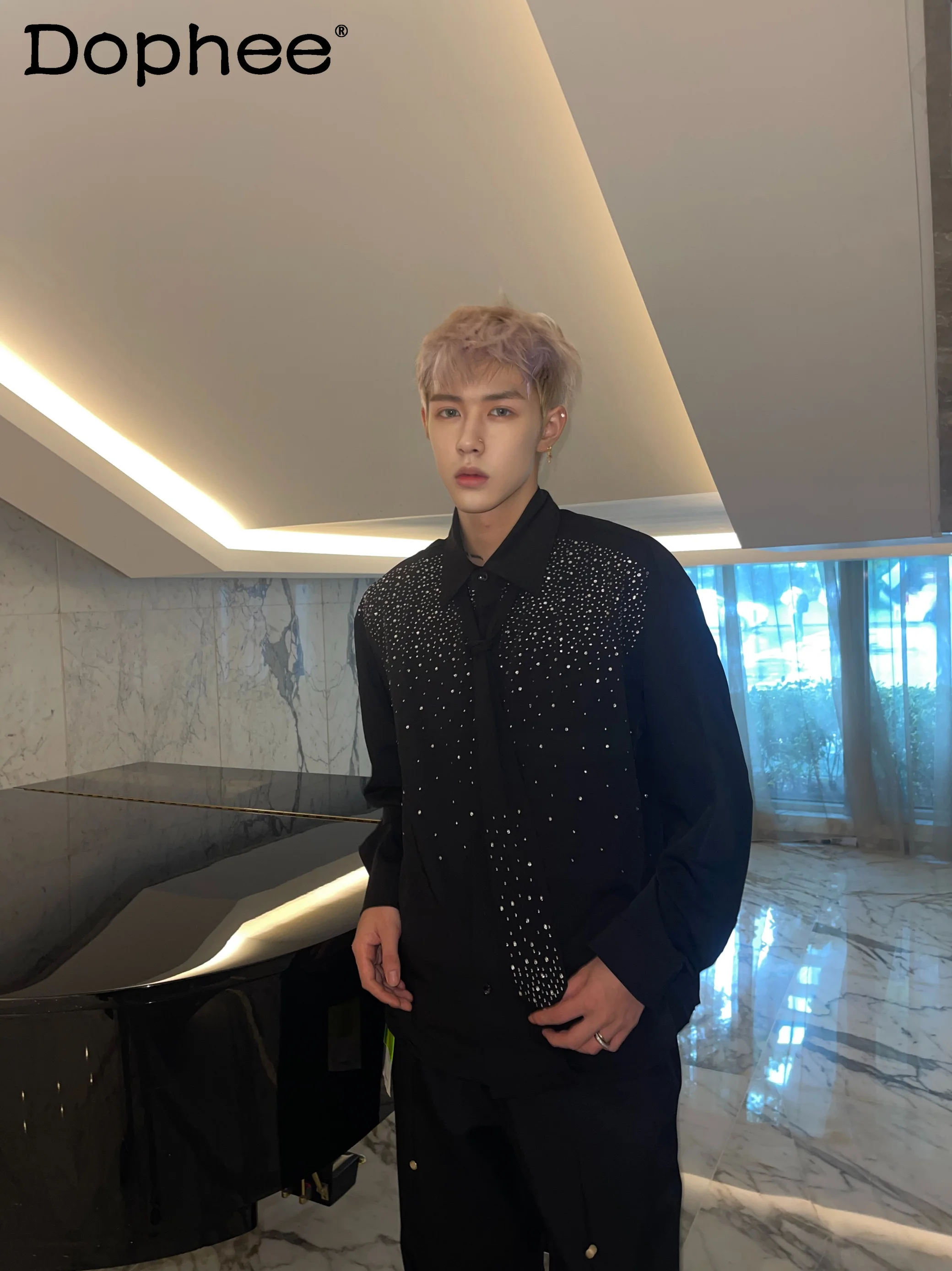 

Spring Autumn New High-end Heavy-duty Rhinestone Long-sleeve Shirt Fashion Trend Loose Casual Personality Popular Men's Shirt