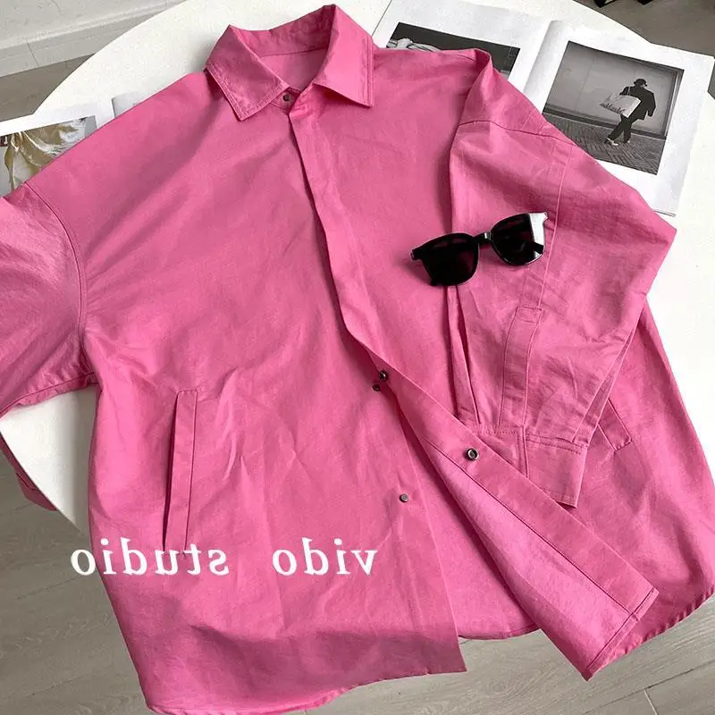 Pink Long Sleeve Loose Shirt Tops Spring New Plus Size Solid Color Simplicity Blouses Korean Style Fashion Women Clothing