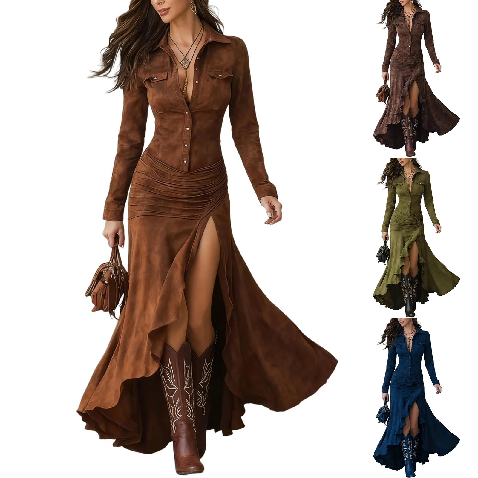 Fall Long Sleeve Button Western Dress Winter Wrap Asymmetric Ruffle Maxi Dress Trendy Flowy High Low Hem Cowgirl Elegant Dress