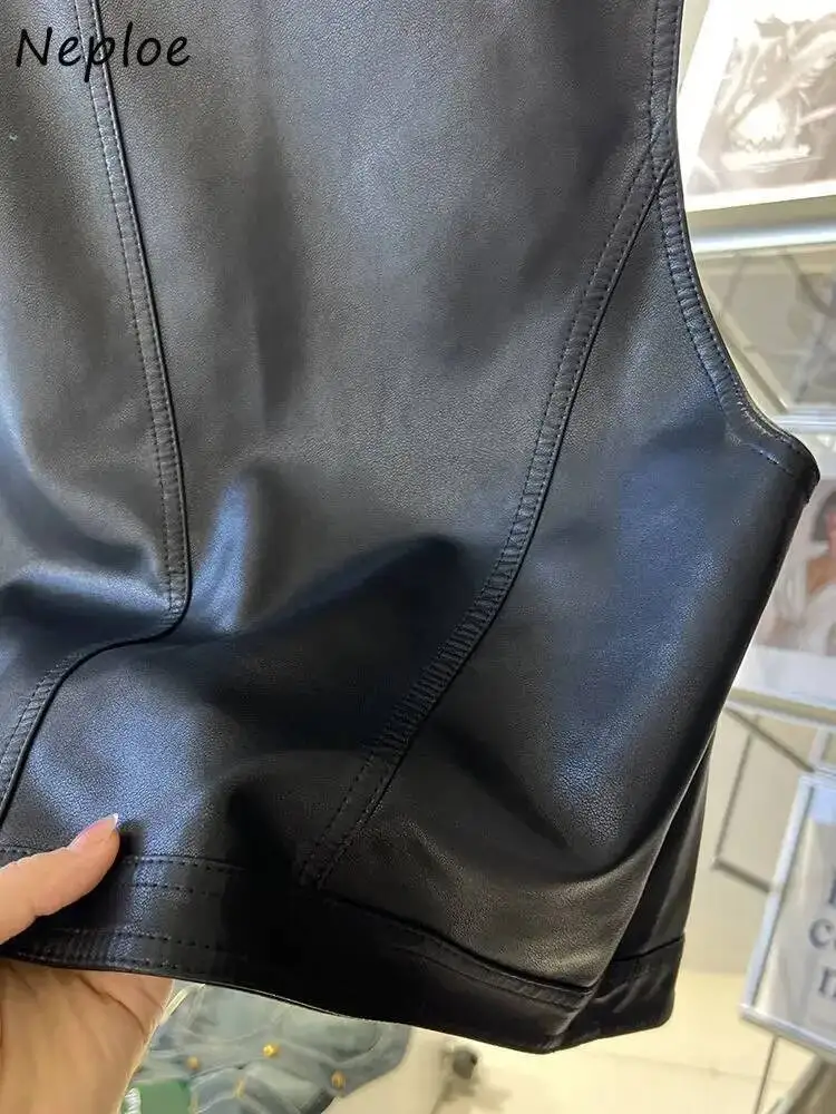 

BabYoung простой свободный пригородный лоскутный корейский шикарный жилет кожаный уличный костюм готическое пальто Y2K мото без рукавов на пуговицах милая модная майка