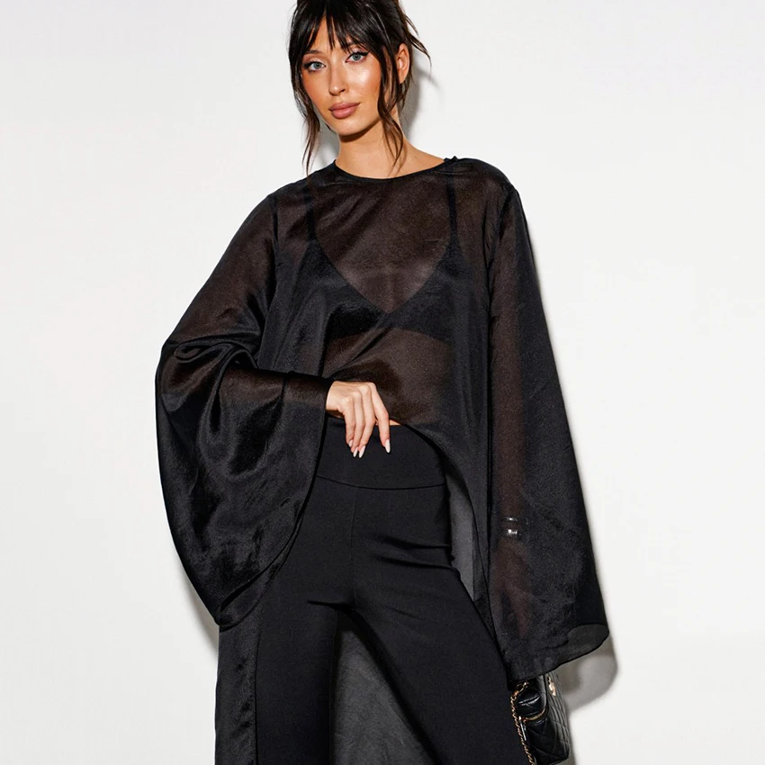 Linad Sexy Sheer Asymmetrische Lange Jurk Vrouw Zwarte Elegante O Hals Flare Mouw Jurken Street Chic Enkellange Jurk 2026