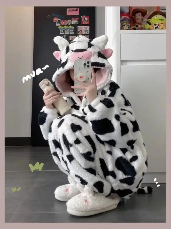 

Women's Clothing Hooded Cow Pajamas Winter Coral Fleece Thicken Fleece-Lined Keep Warm Cute Homewear Comfortable Fashion