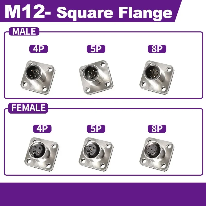 

5/10/100 Pcs M12 Flange Male and Female Seat Aviation Plug Socket Square 12mm 4/5/8 Pin Waterproof Connector Joint