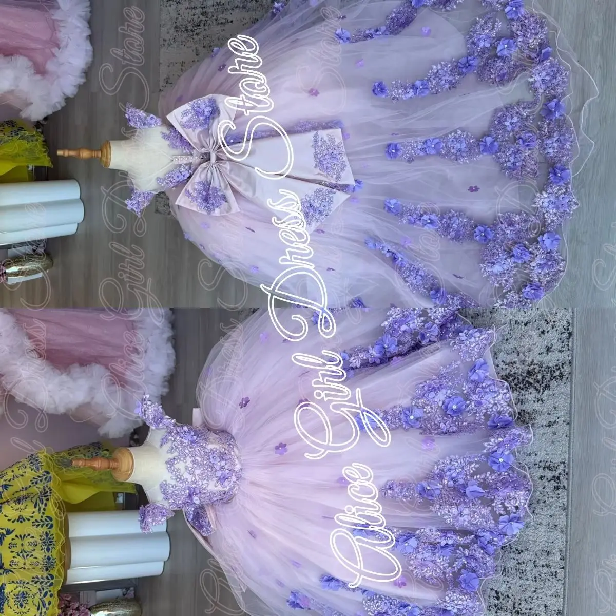 Customized Purple Flower Girl Dress for Wedding Floral Lace Appliques Girl Birthday Ball Gowns with Bow First Communion Gowns