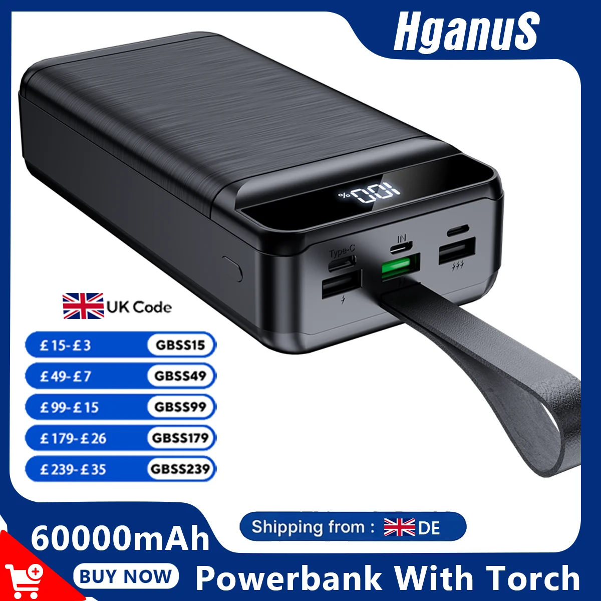 60000mAh Fast Charging Power Bank with Flashlight