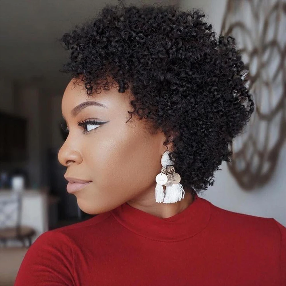 8 Inch Pixie Curly Human Hair Wigs With Bangs Machine Made Real Human Hair Wigs Brazilian Afro Kinky Curl Natural Hair For Women
