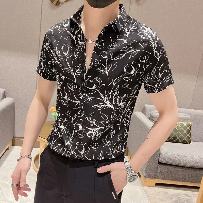 Smart Casual Simplicity Summer Men\'s Square Collar Printing Single Breasted Trend Versatile Short Sleeve Slim Shirts Tops