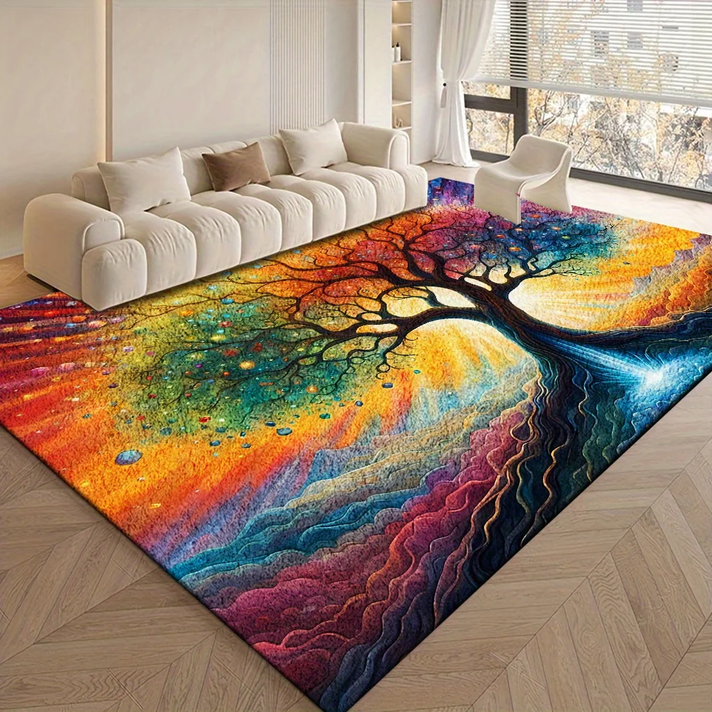 Luxury Tree of Life Large Rug, Thick Soft Pile Machine Washable, Modern Abstract Yellow Green Blue Mat for Bedroom Office Decor