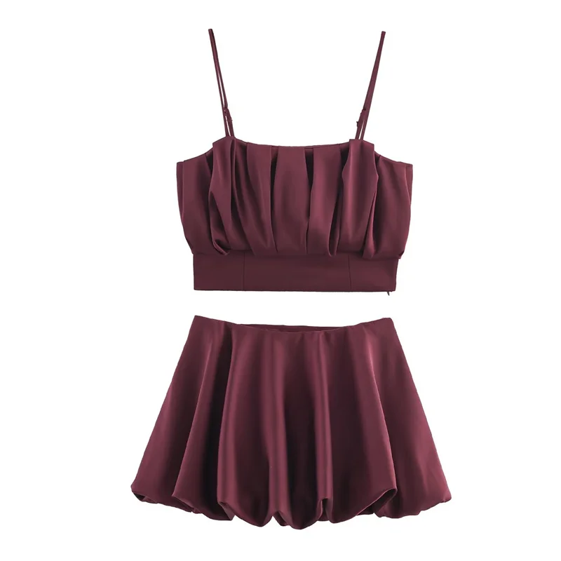 

Women's Suit 2025 Autumn New Style Wine Red Spaghetti Strap Tube Top and Lantern Short Skirt Set Sexy Fashionable Lively