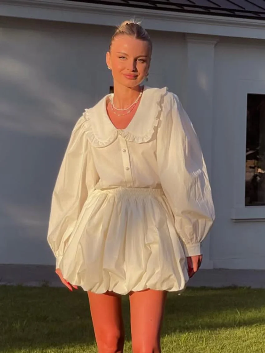 Marthaqiqi ملابس نوم نسائية غير رسمية مجموعة بدوره إلى أسفل طوق منامة طويلة الأكمام ملابس خاصة التنانير القطن المرأة ثوب النوم 2 قطعة دعوى