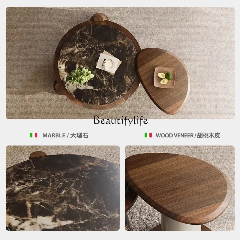 

yj21 Round coffee table marble living room household small apartment high-end retro tripod walnut leather table