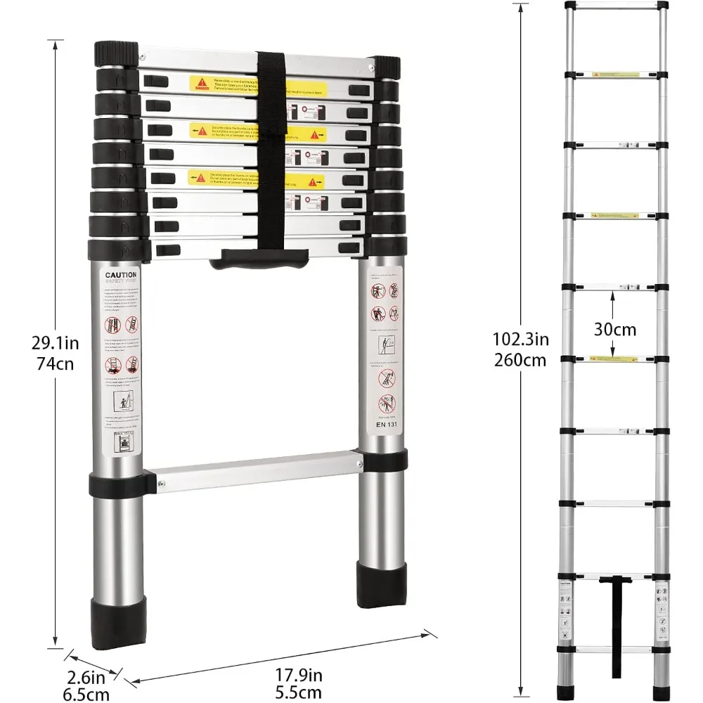سلم تمديد تصغير من الألومنيوم متعدد الأغراض، معتمد من EN131، سلم قابل للطي بطول 8.5 قدم إلى 2.6 متر للاستخدامات المختلفة