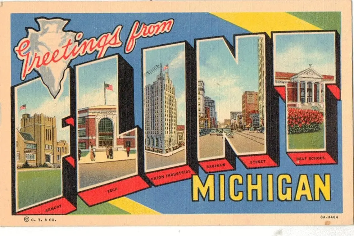 Muroanmi Retro Metal Tin Signs Vintage Postcard, Greetings from Flint, Michigan, Armory, Large Letter, Ca 1950 Cave Bar Home Wal