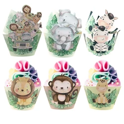 16pcs Carton Animal Cake Wrapper Paper Cupcake Decor for Kids Jungle Safari Wild Animal Birthday Party Decorations DIY Gifts