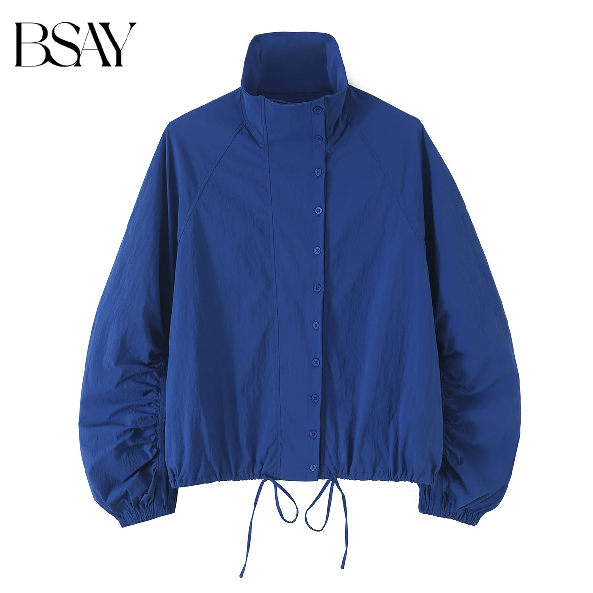 BSAY Minimal Office Women New Button Down Cropped Jacket Stand Collar Ruched Sleeve Drawstring Hem Loose Casual Daily Outer Coat