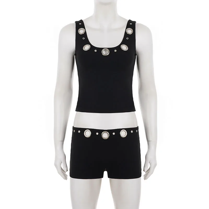 Street spicy girl style chicken eye camisole vest+low waist wrapper hip shorts two-piece set