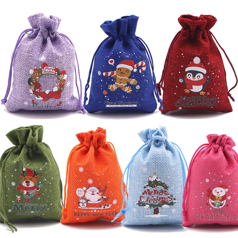 StoBag 5pcs Merry Christmas Color Linen Bags Candy Gift Storage Drawstring Small Packaging Kids Pocket Pouches Party Favors