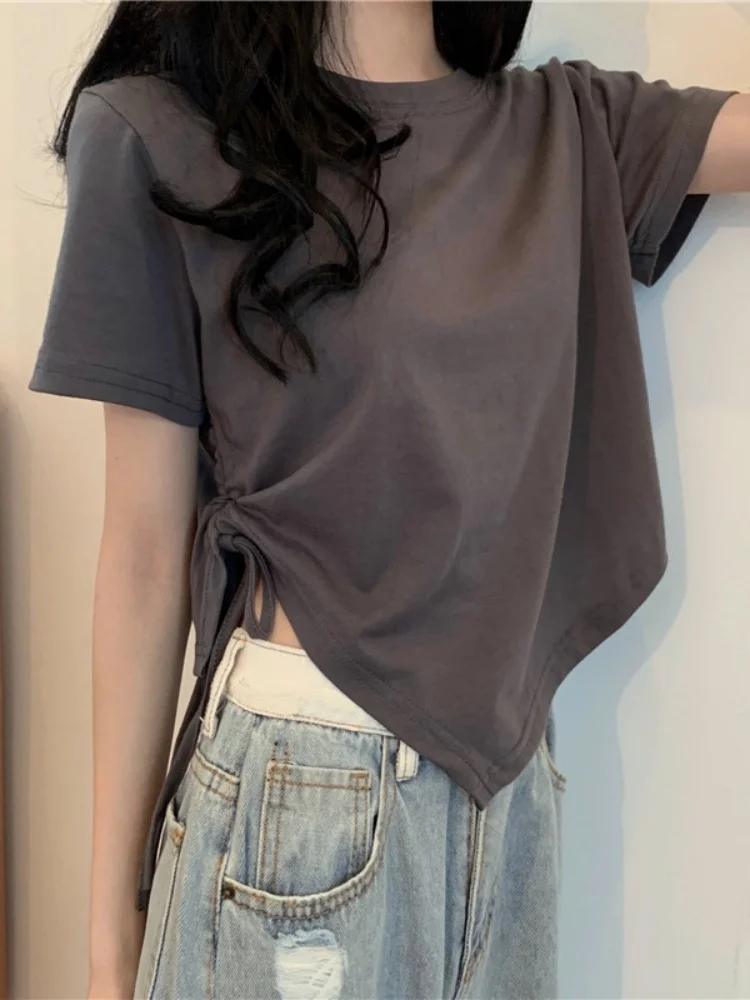 

Irregular Drawstring Short Sleeved T-Shirt For Summer