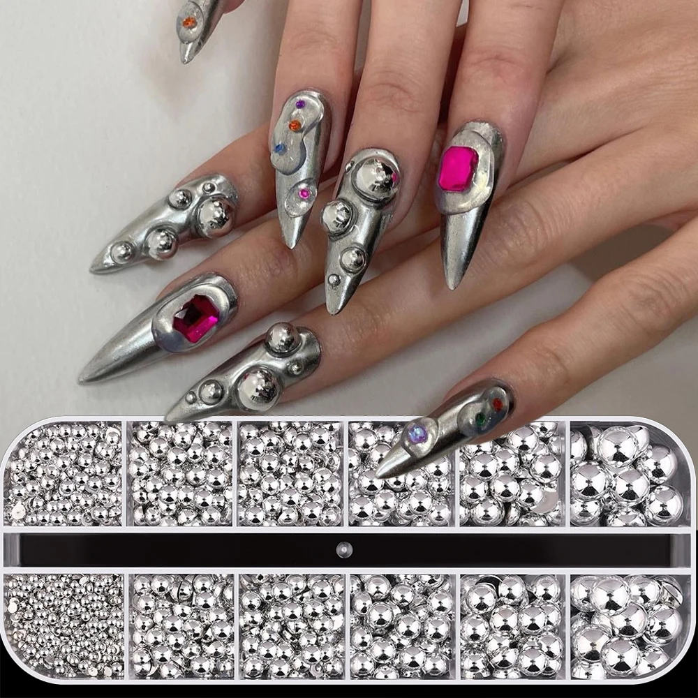 

12Grids Mixed Silver Half Round Caviar Bead Nail Rhinestones 3D Flatback Pearls Nail Bead Charms Micro Alloy Ball Manicure Decor