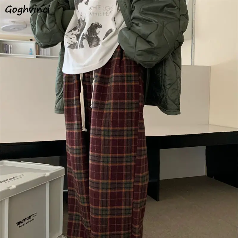 Casual Pants Women Popular Fashion Plaid Ins Loose Soft Winter Warm Leisure High Waist Street Wear All-match Pocket Korean Style