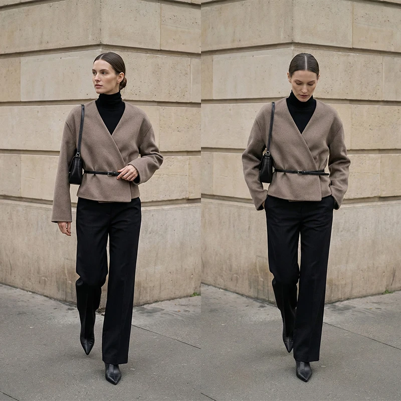 

Willshela Women Fashion With Belt Solid Cropped Jacket Vintage V-Neck Long Sleeves Female Chic Lady Outfits