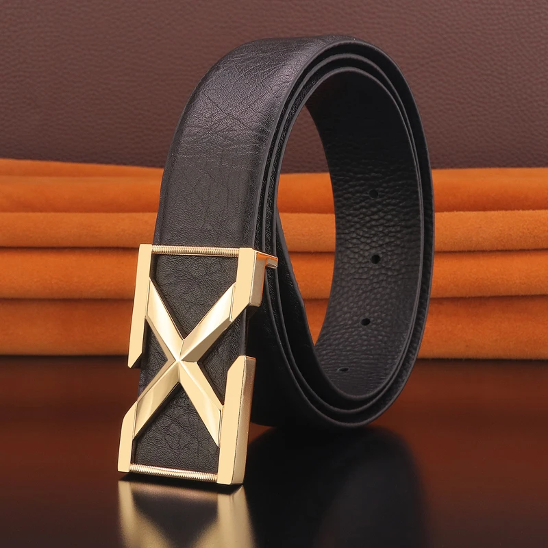 

High quality luxury full grain leather Cowskin X letter Smooth buckle fashion designers belts men casual formal cintos masculino