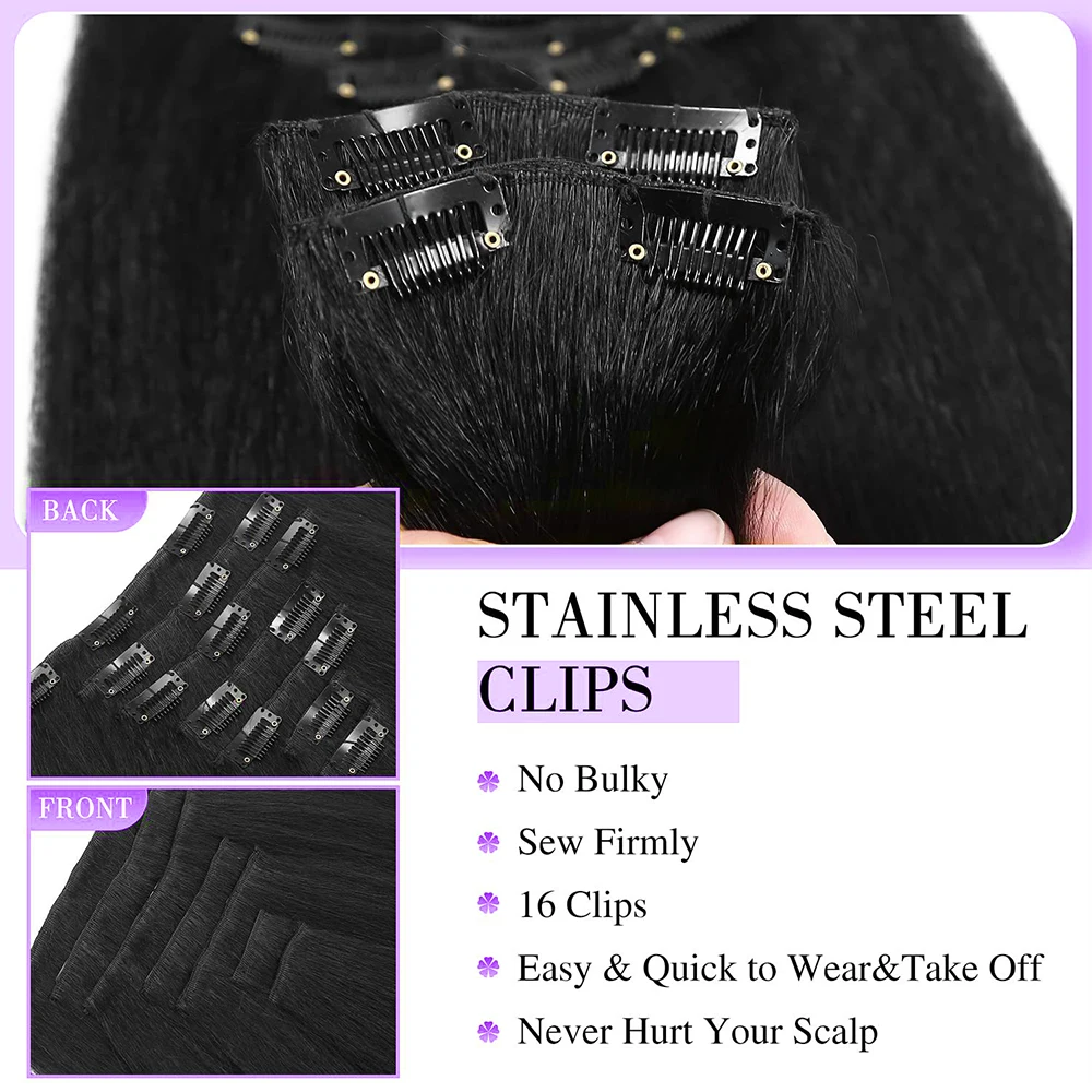 غريب مستقيم كليب في وصلات الشعر كامل الرأس ياكي مستقيم مقاطع Ins للنساء السود الشعر الاصطناعية الأسود الطبيعي 7 قطع