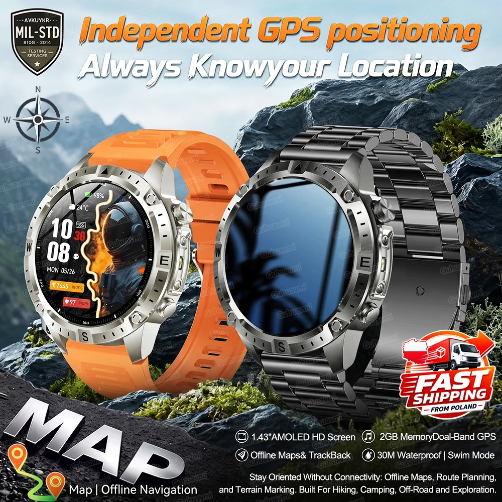 Montre connectée avec carte GPS hors ligne nouvellement améliorée, montre d'extérieur pour hommes, équipement de sport polyvalent résistant à l'eau 3ATM, boussole intégrée, pression d'altitude, écran AMOLED de 1,43 pouces