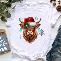 Christmas Highland Cow Animal Printed T Shirt Women'S Clothing Harajuku Kawaii Tshirt Femme White Short Sleeve T-Shirt Female