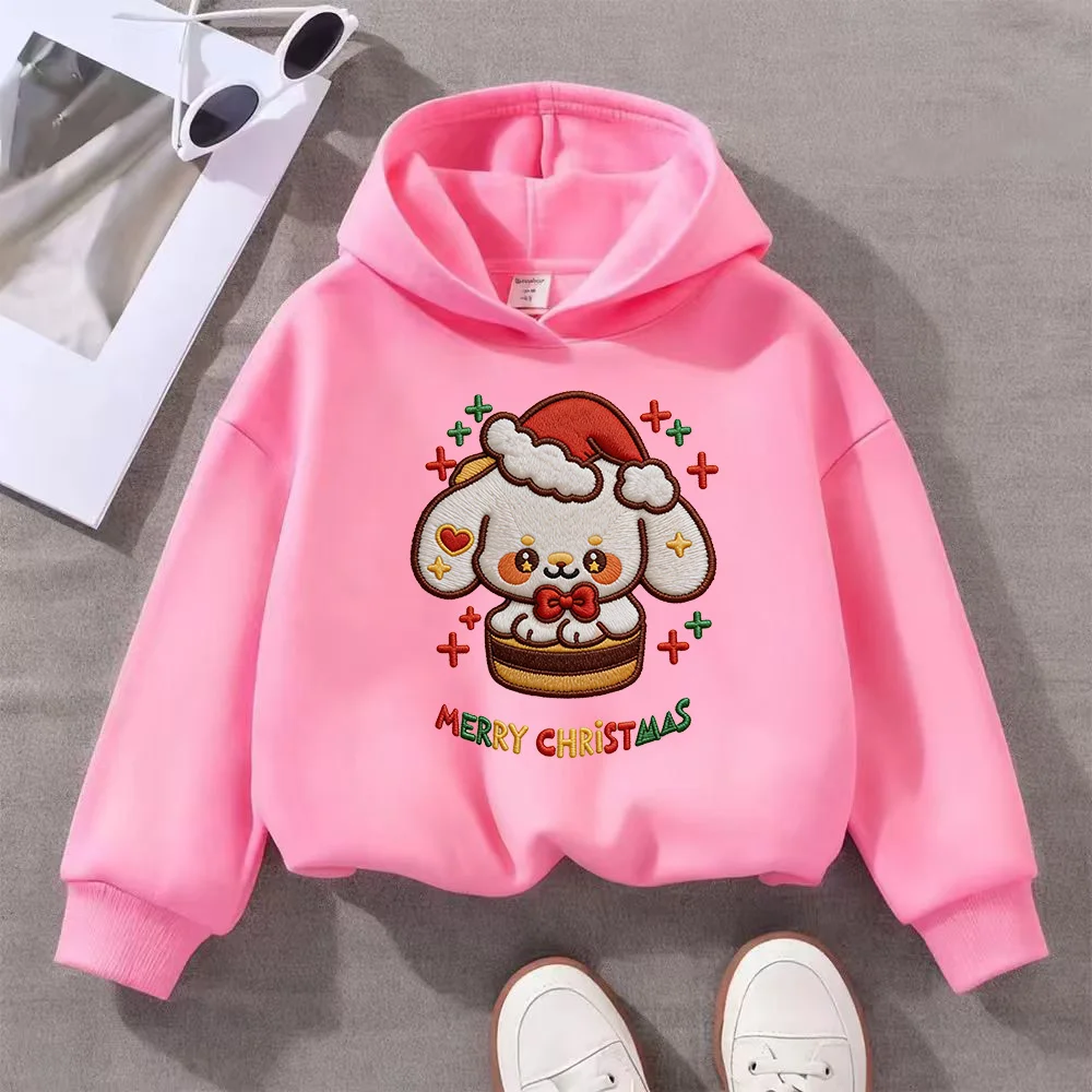 Kids Merry Christmas Cute Bunny Embroidered Hoodie Toddler to Teen Xmas Pullover for Boys Girls 3-14 Years