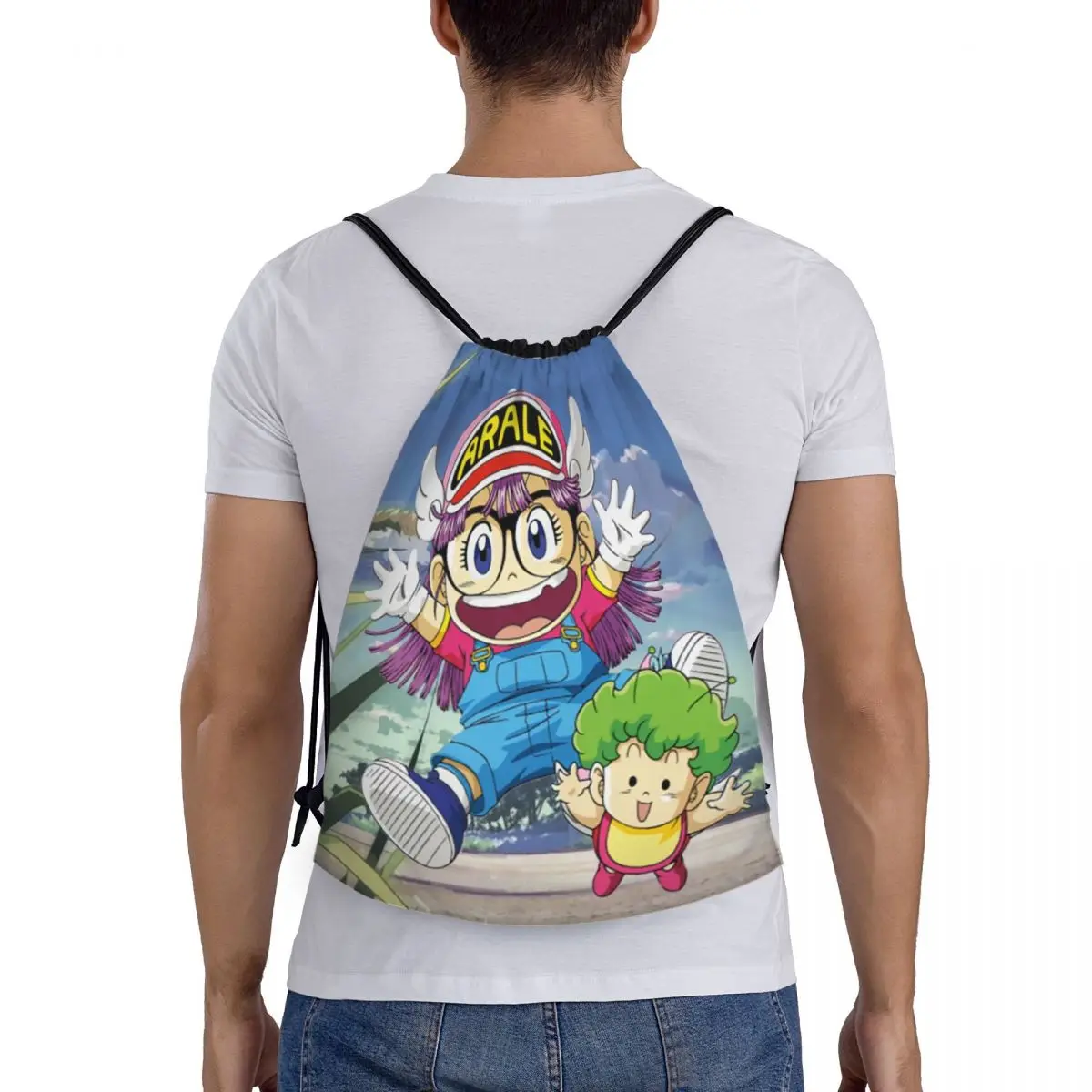 Custom Arale Norimaki And Gatchan Drawstring Bags Women Men Portable Sports Gym Sackpack Dr Slump Anime Shopping Backpacks