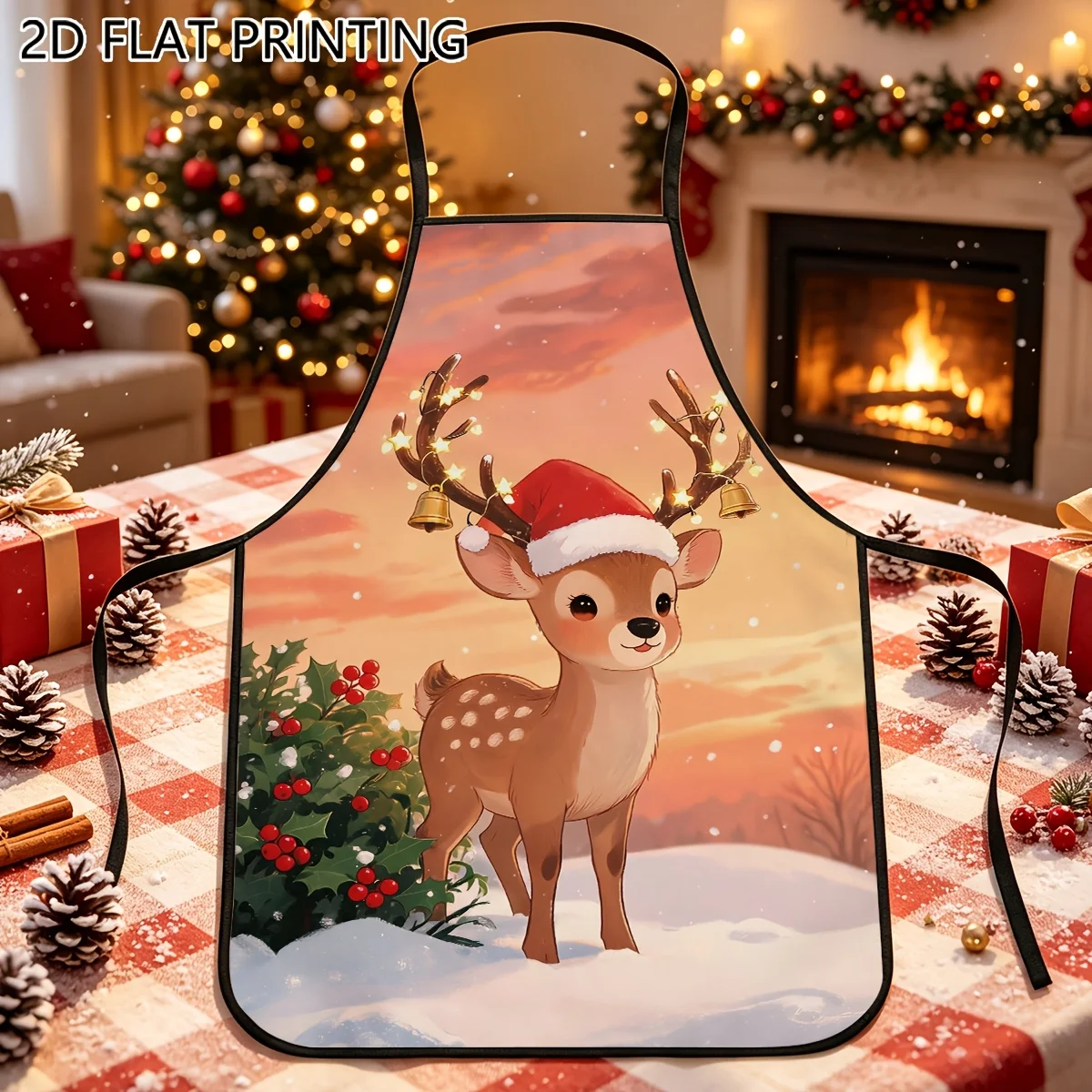 1pc Christmas Cute Reindeer Santa Hat String Lights Holly Snow Sunset Scene Pattern Apron • 2D Flat Printed Kitchen Cooking Apro